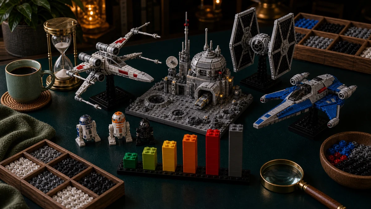 Brick-built sci-fi laatste-kans bureau met starfighters, droid-achtige builds, zandloper en voorraadbalken