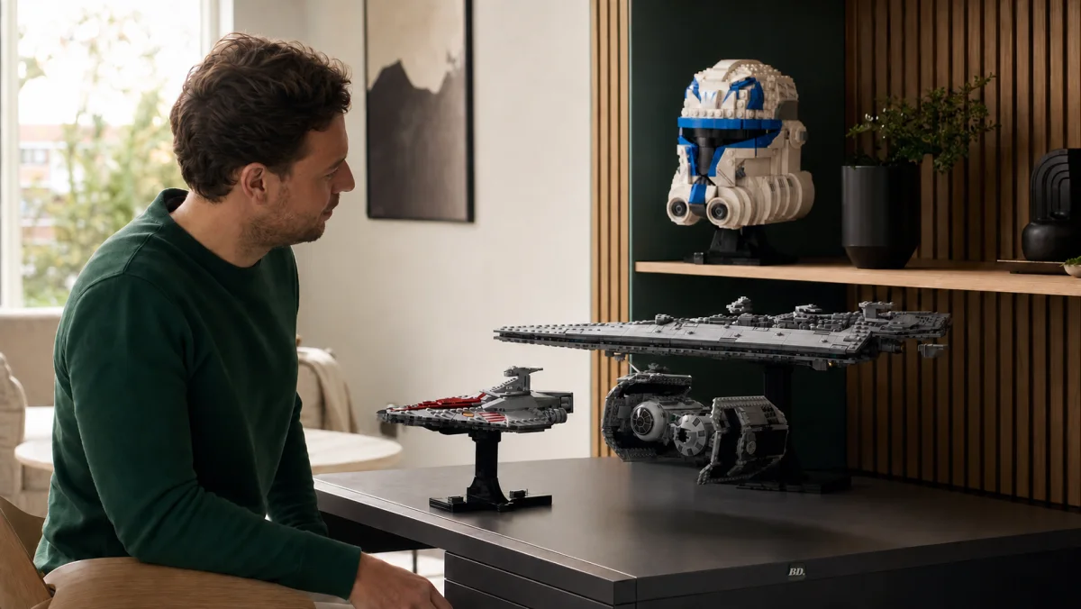 Volwassen verzamelaar vergelijkt herkenbare LEGO Star Wars schepen en een clone-trooperhelm in een lichte woonruimte