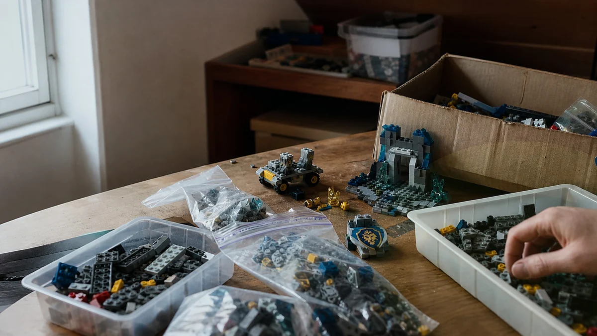 Werktafel met sorteerbakken, losse LEGO-achtige onderdelen, oude thema-details en een hand die tweedehands stenen uitzoekt