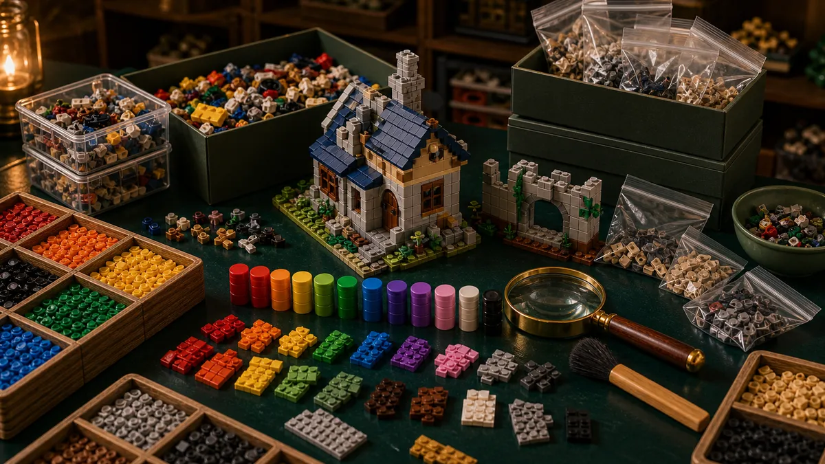 Tweedehands LEGO inspectietafel met losse stenen, opbergdozen, deels herbouwd model, sorteertrays en vergrootglas