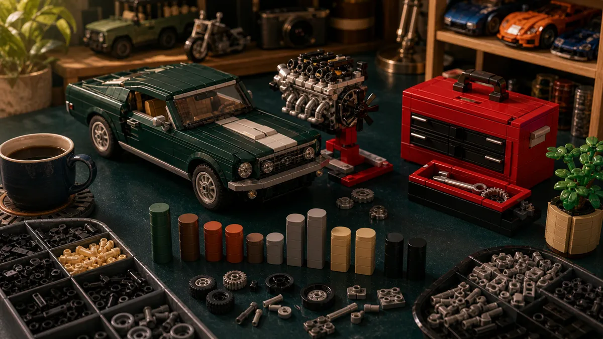 Gebouwde LEGO-cadeauscene met klassieke auto, Technic-stijl motorblok, gereedschap, sorteertrays en voorraadbalken op een groen bureau