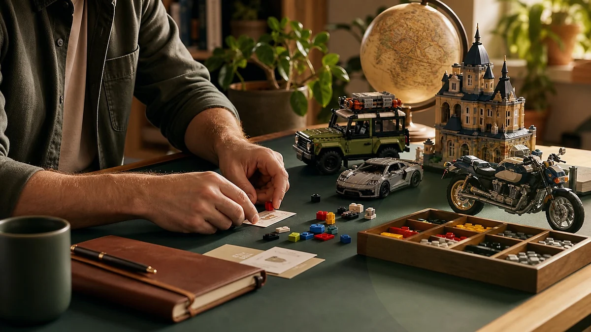 Father at a dark green desk with LEGO models of a car, motorcycle, building and off-road vehicle beside loose bricks and a sorting tray
