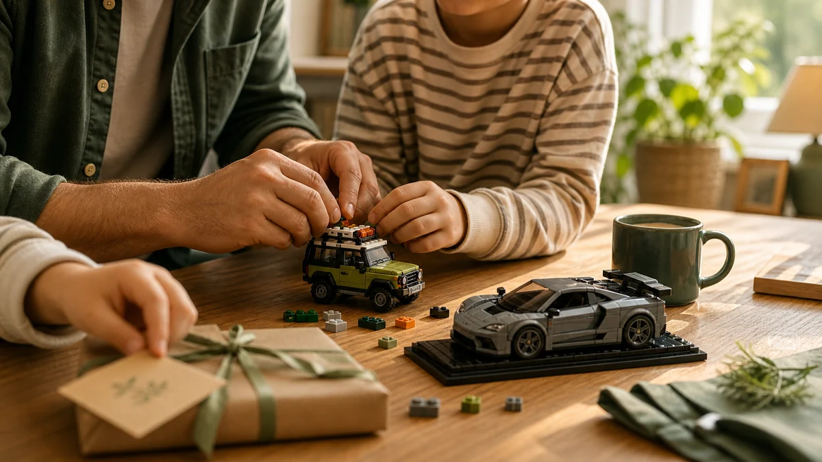 Vader en kind bouwen samen aan een LEGO auto aan een warme houten tafel met een ingepakt Vaderdagcadeau ernaast