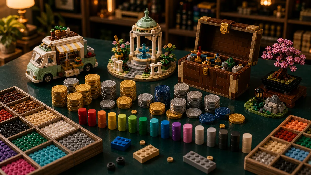 LEGO Insider-punten als brick-built beloningsscene met muntstapels, cadeau-model, schatkist, sorteertrays en voorraadbalken