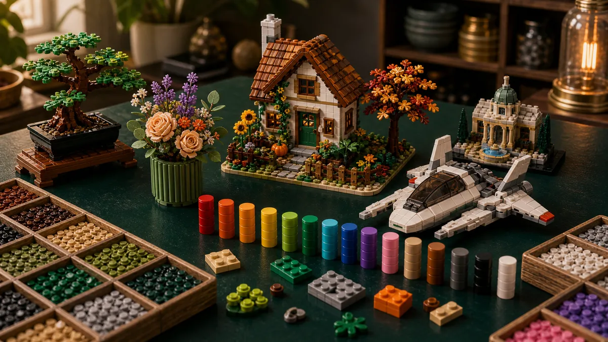 LEGO-beginnersbureau voor volwassenen met cottage garden, compact ruimteschip, bloemen, architectuurmodel en sorteertrays