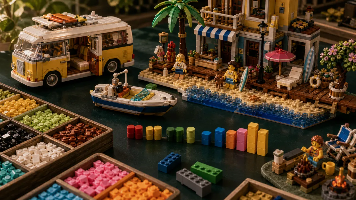 Gebouwde LEGO-zomermodellen met strandscene, camper, boot, sorteertrays en gekleurde voorraadbalken op een groen bureau