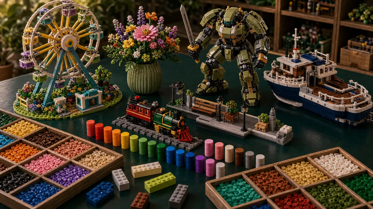 Gebouwde LEGO-augustus release-scene met kermisattractie, mech, boot, botanische display, sorteertrays en voorraadbalken