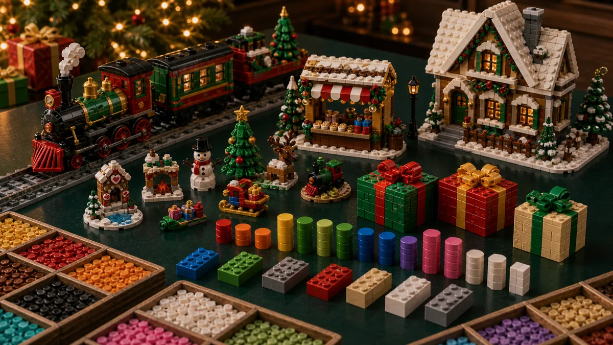 Built LEGO December scene with holiday train, winter stall, snow cottage, gift builds, sorting trays and stock bars