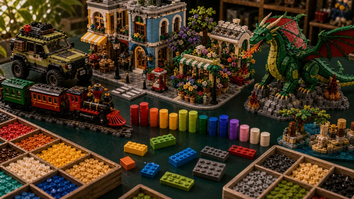 Gebouwde LEGO-juli release-scene met stadsstraat, trein, draak, bloemenstand, sorteertrays en voorraadbalken op een groen bureau