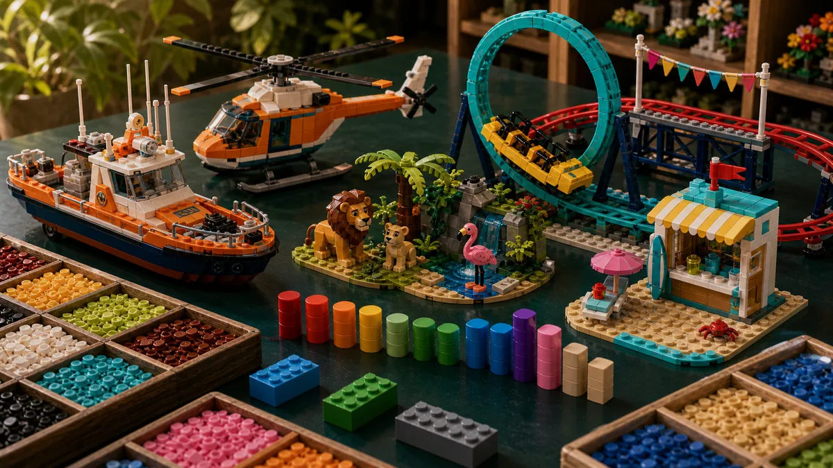 Gebouwde zomer LEGO-modellen met reddingsboot, helikopter, achtbaan, sorteertrays en voorraadbalken op een groen bureau