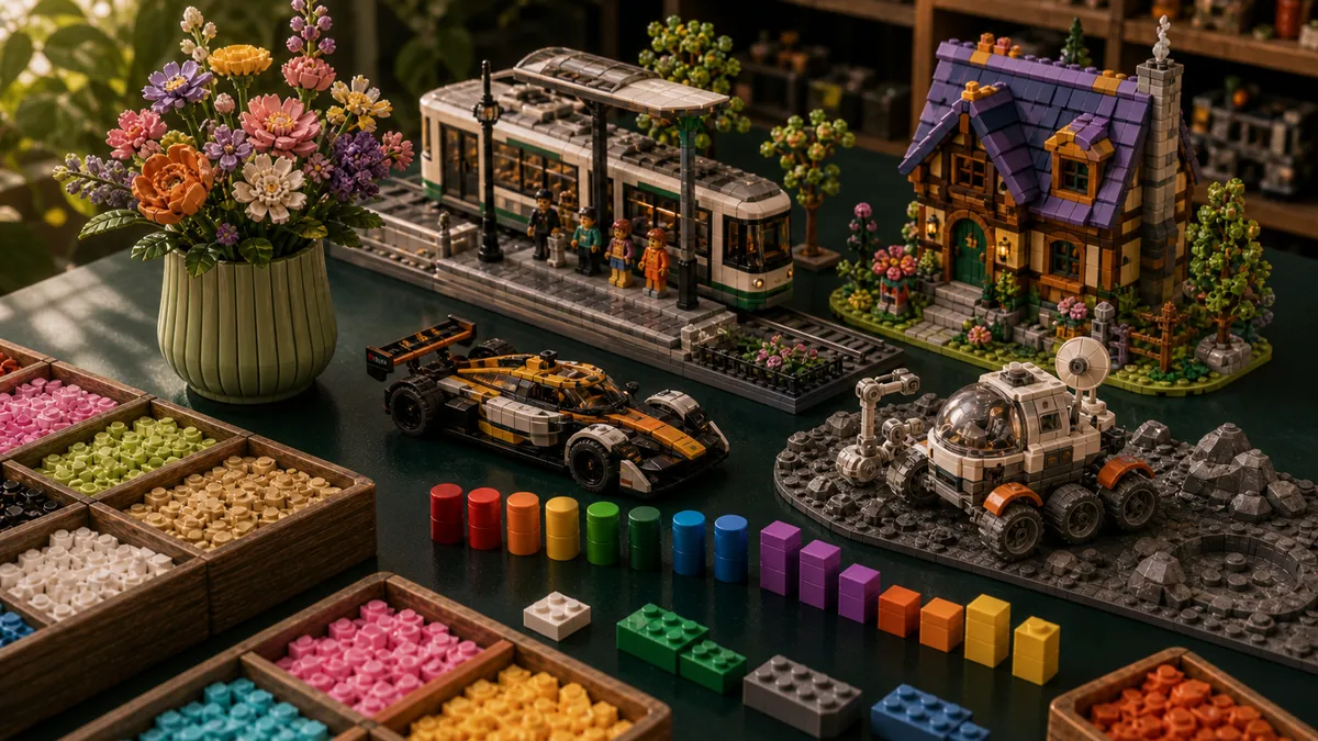 Tekstvrij releasebureau met meerdere gebouwde LEGO-modellen, sorteertrays en gekleurde voorraadbalken op een groen BricksDeal-tafelblad