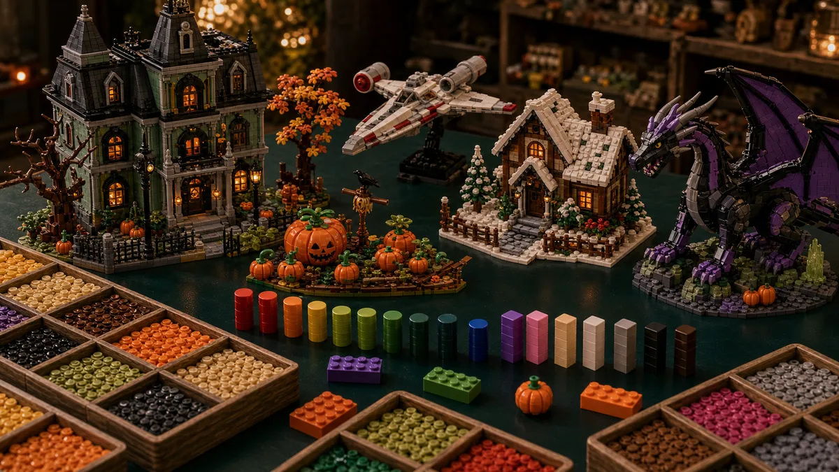 Gebouwde LEGO-oktober release-scene met spookhuis, pompoenen, starship, winterhuisje, sorteertrays en voorraadbalken