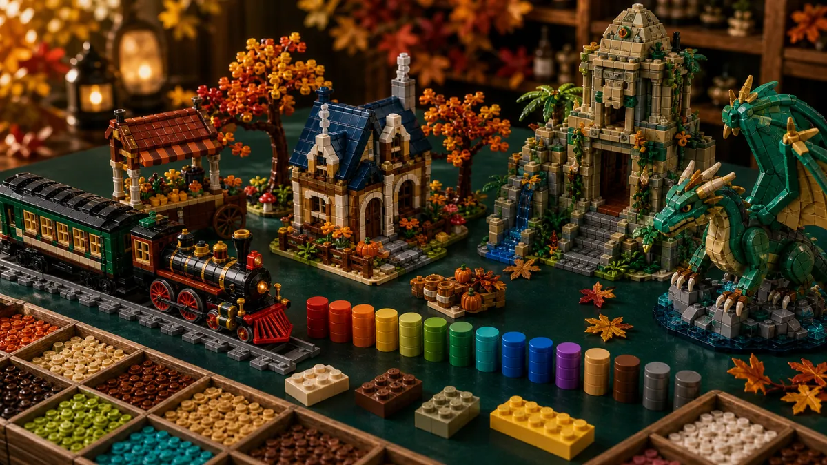 Gebouwde LEGO-september release-scene met herfsthuis, trein, tempel, fantasyfiguur, sorteertrays en voorraadbalken