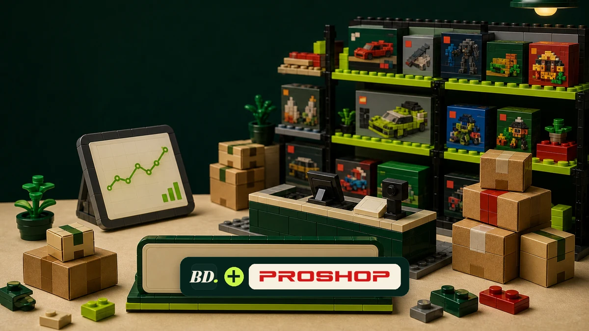 Brick-built retailerbalie met LEGO set schappen, pakketten, prijsgrafiek en een BricksDeal plus Proshop logo-plaque
