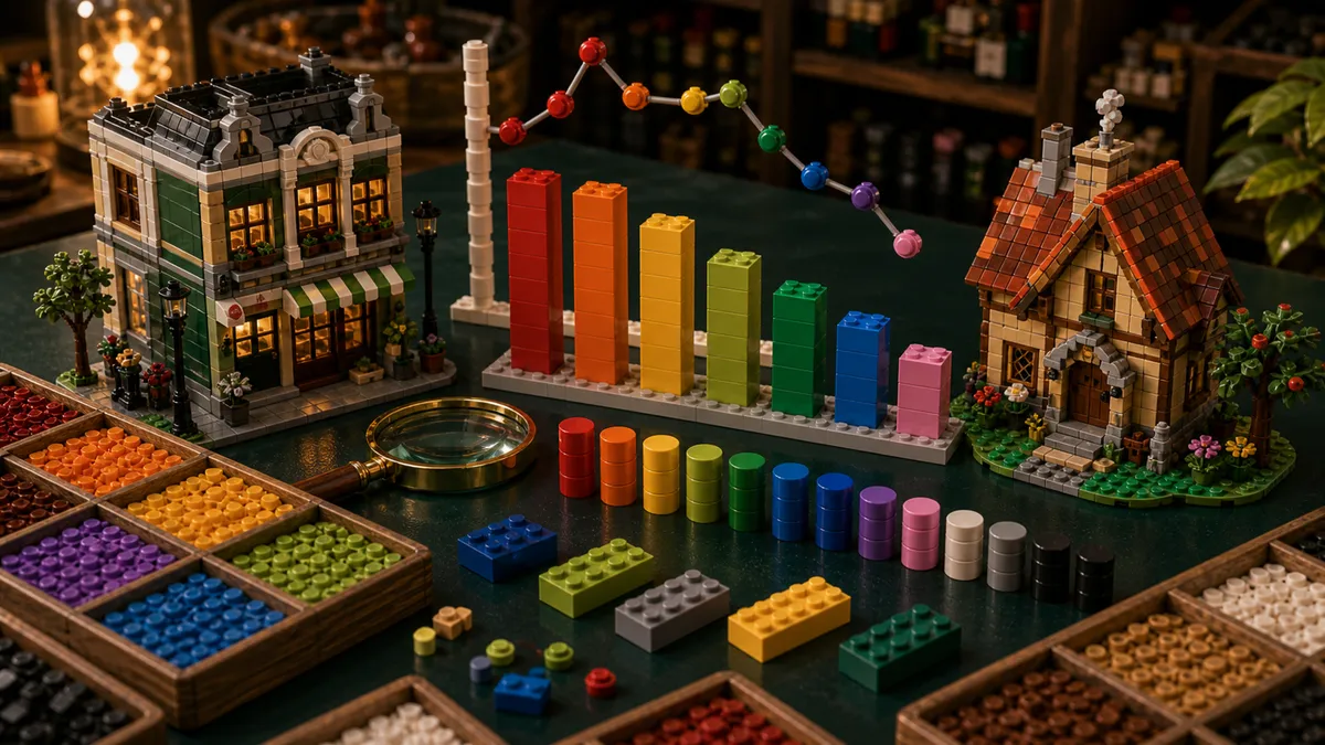 Brick-built staafgrafiek met LEGO-modellen, vergrootglas, sorteertrays en voorraadbalken voor prijsbewegingen bij Nederlandse retailers