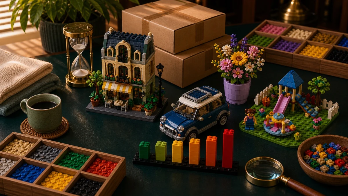 Gebouwde online warenhuis LEGO-scene met bezorgdozen, textiel, familiesets, bloemen en voorraadbalken