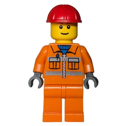 Construction Worker (Orange Jacket with Zipper and Reflective Stripes, Orange Legs, Red Hard Hat, Brown Eyebrows)
