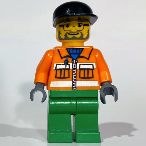 Construction Worker (Orange Jacket with Zipper and Reflective Stripes, Green Legs, Black Cap, Beard and Glasses)