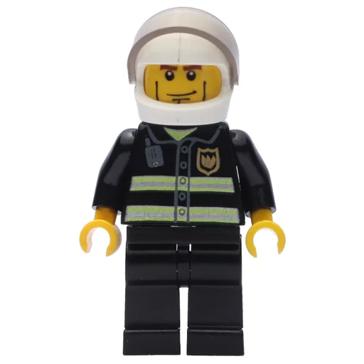 Fireman (Black Fire Jacket with Reflective Stripes, Radio, and Badge, White Helmet with Visor, Cheek Lines)