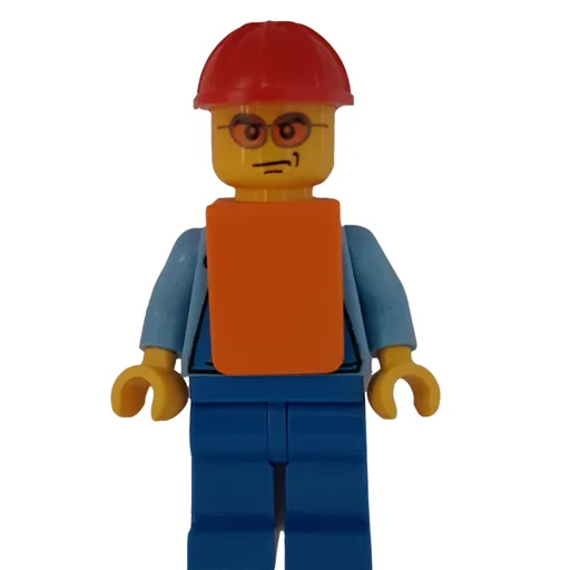 Man (Blue Overalls over Shirt, Red Hard Hat, Orange Vest, Orange Sunglasses)