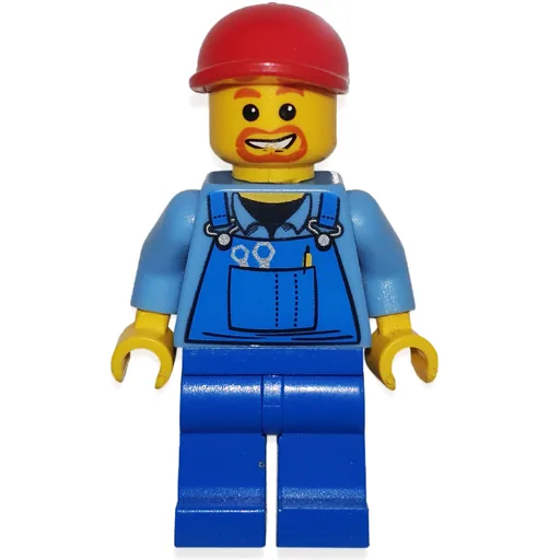 Man (Blue Overalls over Shirt, Blue Legs, Red Cap, Goatee Beard)