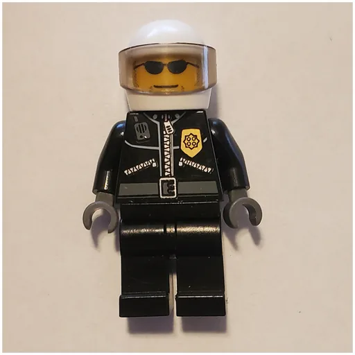 Policeman (Black Jacket with Zipper, Radio, and Badge, White Helmet and Visor, Sunglasses)