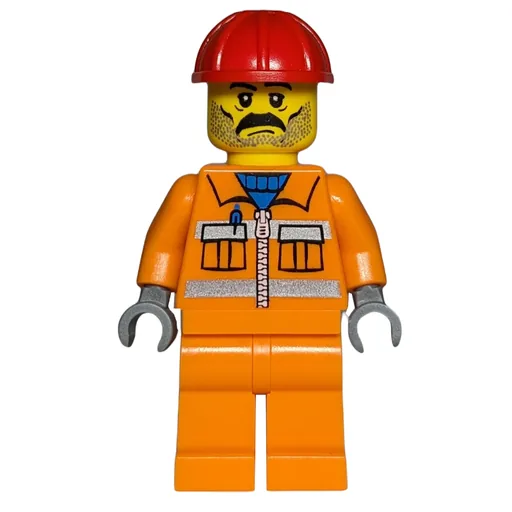 Construction Worker (Orange Jacket with Zipper and Reflective Stripes, Orange Legs, Red Hard Hat, Moustache and Stubble)