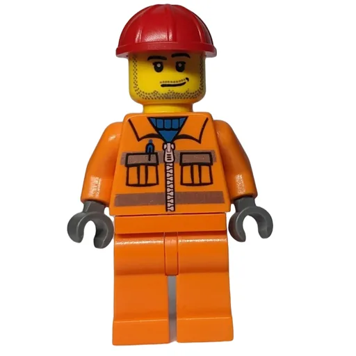 Construction Worker in Orange Jacket with Zipper and Reflective Stripes (Red Helmet, Smirk and Stubble Beard)