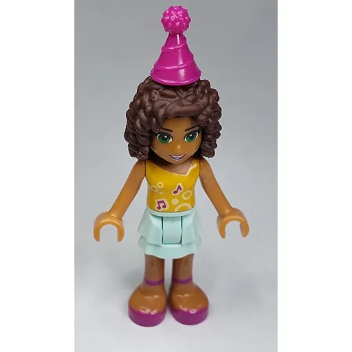 Andrea (Bright Light Orange Top, Light Aqua Skirt, Magenta Party Hat)