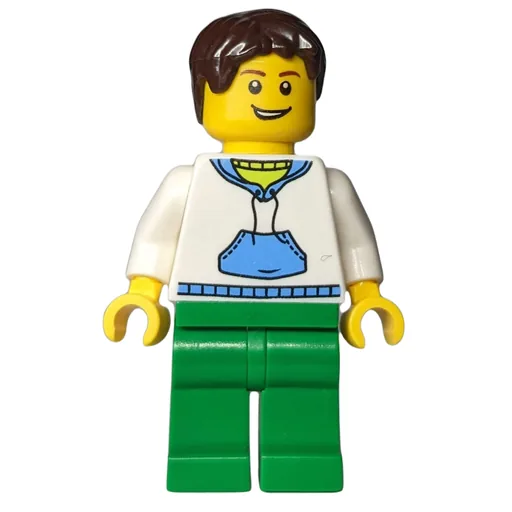 Man (White and Blue Hoodie, Green Legs, Dark Brown Hair)
