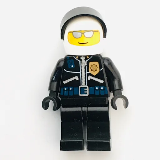 Policeman (Black JAcket with Zipper, Radio, Badge, and 'POLICE' on Back, White Helmet with Visor, Silver Sunglasses)