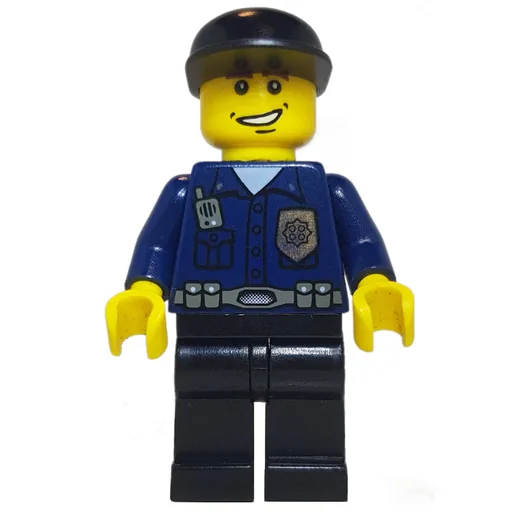 Policeman (Dark Blue Shirt with Radio and Badge, Black Legs, Black Cap, Smile)