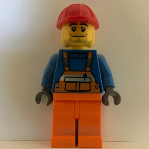 Construction Worker (Orange Overalls over Blue Sweater, Red Hard Hat, Stubble)
