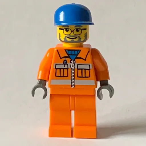 Construction Worker in Orange Jacket with Zipper and Reflective Stripes (Blue Cap, Gray Beard)