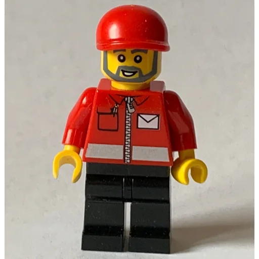Postal Worker (Red Jacket with Zipper and Letter Logo, Black Legs, Red Cap, Beard)