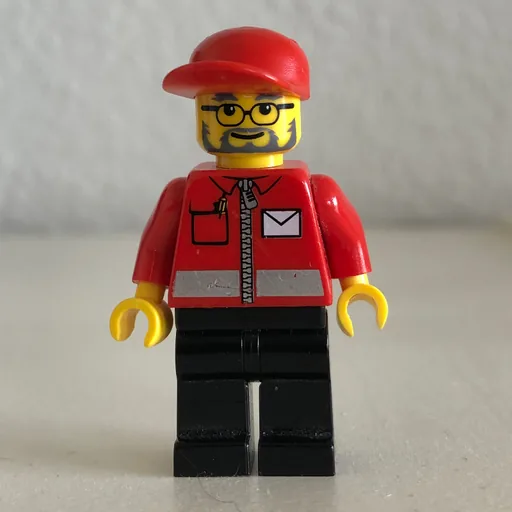 Postal Worker (Red Jacket with Zipper and Letter Logo, Black Legs, Red Cap, Beard and Glasses)