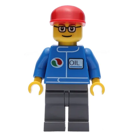 Mechanic (Blue Jumpsuit with Octan Logo, Dark Bluish Gray Legs, Red Cap, Glasses)