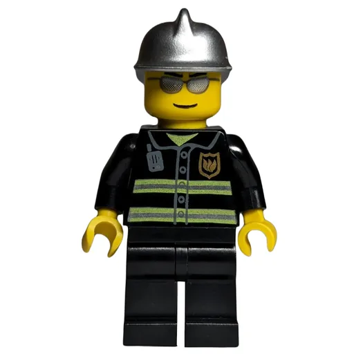 Fireman (Black Fire Jacket with Reflective Stripes, Radio, and Badge, Silver Helmet, Silver Sunglasses)