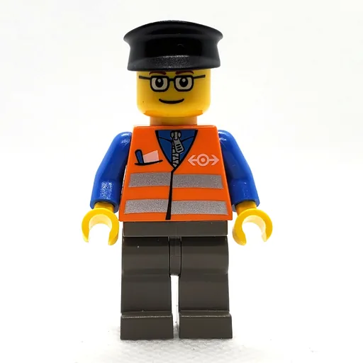 Train Worker (Orange Safety Vest with Train Logo, Dark Bluish Gray Legs, Black Hat, Glasses)