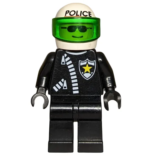 Policeman (Black Jacket with Zipper and Badge, White Helmet with 'POLICE' and Trans-Green Visor, Sunglasses)