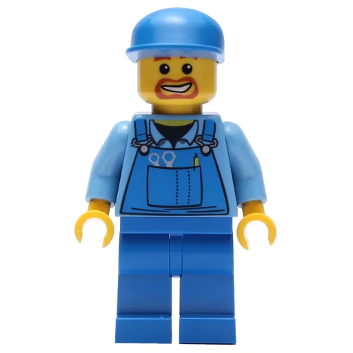 Construction Worker (Blue Overalls over Medium Blue Shirt, Blue Cap, Goatee Beard)