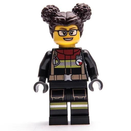 Firefighter (Black Fire Suit, Dark Brown Hair with Two Buns, Glasses)