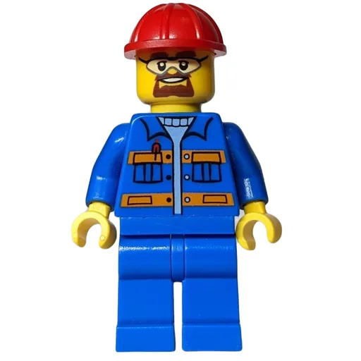 Worker (Blue Jacket with Orange Stripes, Blue Legs, Red Hard Hat, Goatee Beard and Safety Glasses)