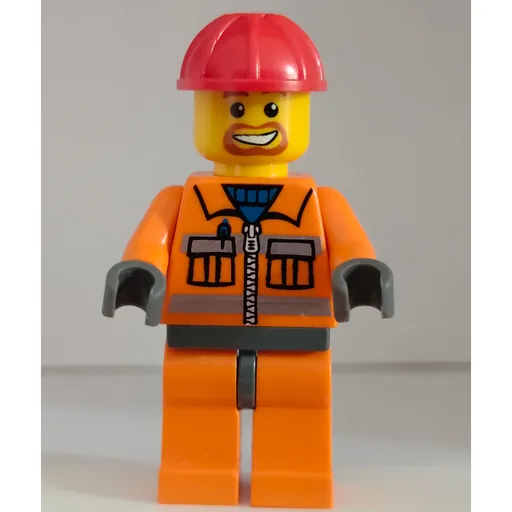 Construction Worker (Orange Jacket with Zipper and Reflective Stripes, Orange Legs, Red Hard Hat, Goatee Beard)