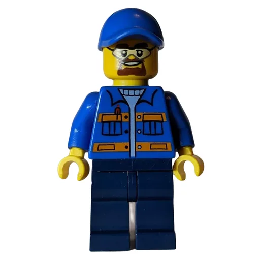 Worker (Blue Jacket with Orange Stripes, Dark Blue Legs, Blue Cap, Safety Glasses and Goatee Beard)