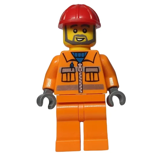 Construction Worker in Orange Jacket with Zipper and Reflective Stripes (Red Helmet, Gray Beard)