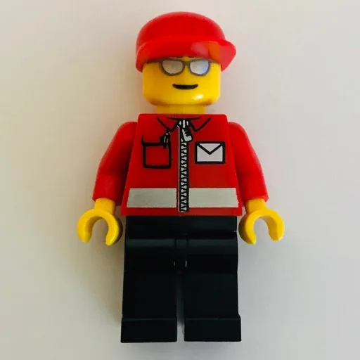Postal Worker (Red Jacket with Zipper and Letter Logo, Black Legs, Red Cap, Silver Sunglasses)