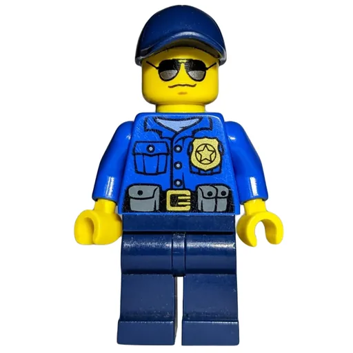 Policeman (Blue Shirt with Badge and Pouches, Dark Blue Legs, Dark Blue Cap, Sunglasses)