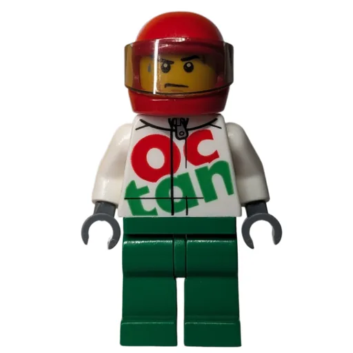 Racer (White and Green Jumpsuit with Large 'Octan', Red Helmet with Visor, Sweat Beads)
