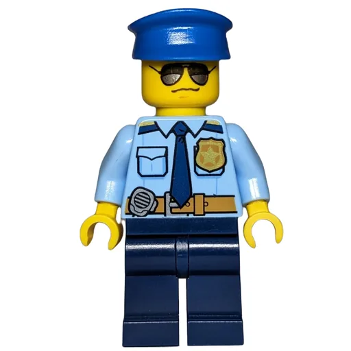 Policeman (Bright Light Blue Shirt with Dark Blue Tie, Badge, and Radio on Belt, Dark Blue Legs, Blue Hat, Sunglasses)